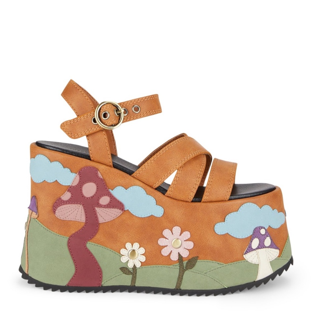 Dolls Kill Brown Platform Heels with Colorful Design